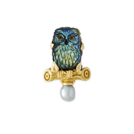 18ct yellow gold owl pin with 39.50ct spectrolite carving, onyx beak, painted rock crystal eyes, gold branch and myrtle leaves, and a Tahitian baroque pearl.