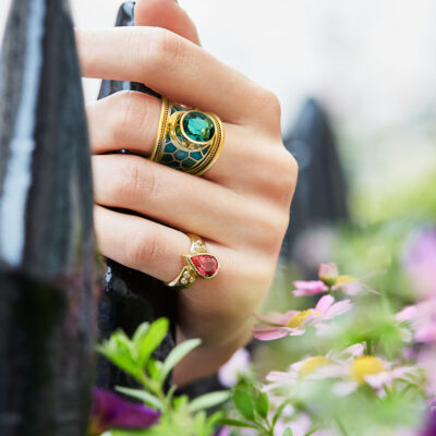 Green Tourmaline, Diamond and Enamel Tapered Templar Ring