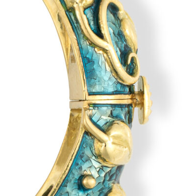 Gold Bangle with Turquoise-Blue Enamel, Myrtle Leaves and Diamonds