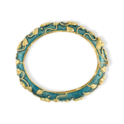 Gold Bangle with Turquoise-Blue Enamel, Myrtle Leaves and Diamonds