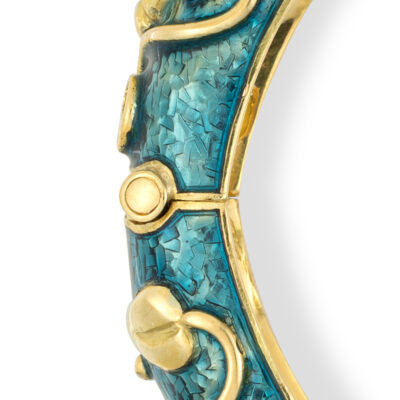 Gold Bangle with Turquoise-Blue Enamel, Myrtle Leaves and Diamonds
