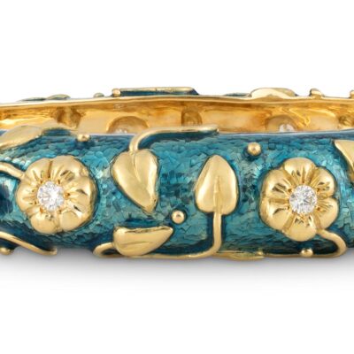 Gold Bangle with Turquoise-Blue Enamel, Myrtle Leaves and Diamonds
