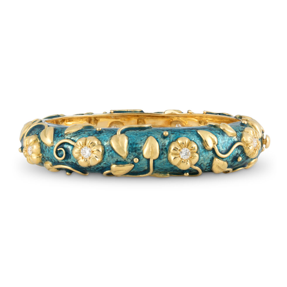 Gold Bangle with Turquoise-Blue Enamel, Myrtle Leaves and Diamonds