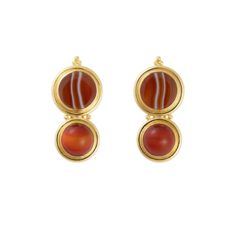18ct yellow gold earrings with striped carnelian slices and round carnelian cabochons, accented with gold bead highlights and clip fittings