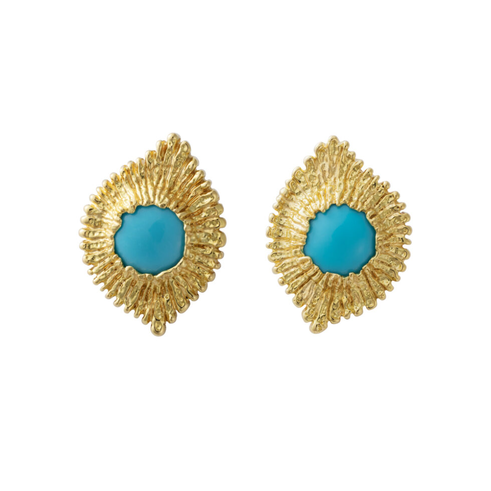 Turquoise Cabochon and Textured Gold Surround Earrings