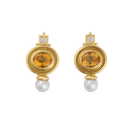 18ct yellow gold Valois earrings featuring golden oval Brazilian citrines, round brilliant-cut diamonds in square plinths, and round cultured pearls with clip fittings