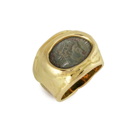 18ct yellow molten gold ring featuring a genuine bronze Constantine II coin with a wrap-over back design