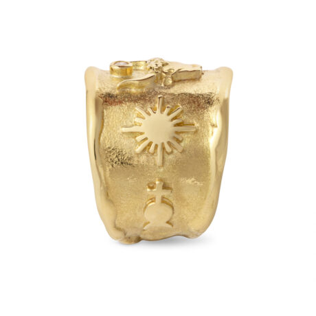 "18ct yellow gold Taurus Zodiac ring with brilliant-cut diamond and engraved sun, mercury, and saturn planetary motifs"