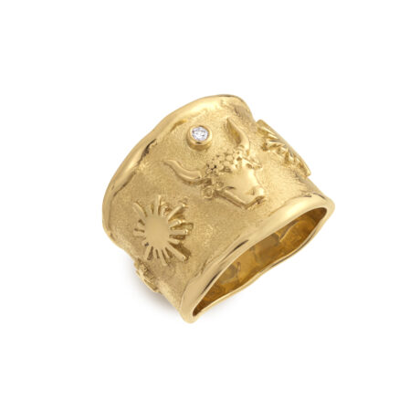 "18ct yellow gold Taurus Zodiac ring with brilliant-cut diamond and engraved sun, mercury, and saturn planetary motifs"