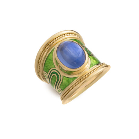 "18ct yellow gold Templar ring with 7.93ct oval cabochon sapphire, green and lime enamel design, and wire-twist-wire edging"