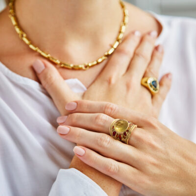 Golden-Yellow Beryl and Enamel Tapered Templar Ring