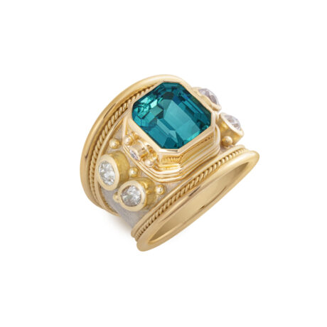 18ct yellow and white gold Templar ring with 5.00ct faceted octagon green-blue tourmaline, old-cut and brilliant-cut diamonds, gold bead detailing, and textured finish