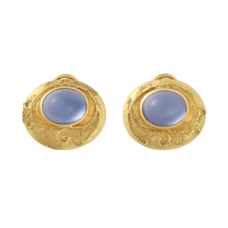 18ct yellow gold earrings with oval cabochon chalcedony gemstones in wire and granulation surrounds by Elizabeth Gage