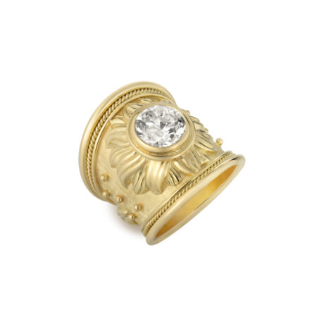 18ct yellow gold Sun ring featuring a 2.98ct Victorian-cut diamond in a sunburst motif with flame detailing and wire-twist-wire edge by Elizabeth Gage