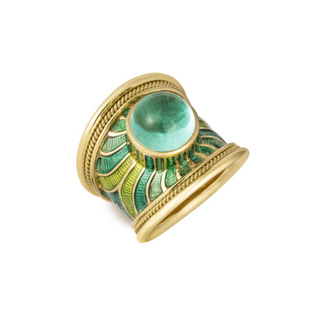 18ct gold Templar ring with mint-green tourmaline cabochon and chevron green enamel detailing, finished with wire-twist-wire edges by Elizabeth Gage