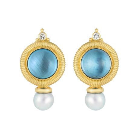 18ct yellow gold earrings with Swiss-blue topaz cabochons, brilliant-cut diamonds, corde-wire surrounds, and grey Akoya baroque pearls with clip fittings