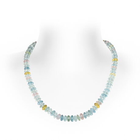 Graduated faceted multi-coloured beryl necklace with pastel tones and a small dragon head clasp. 21 inches in length.