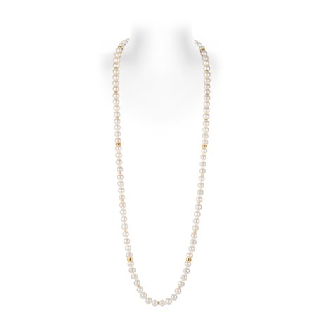 Freshwater cultured pearl necklace interspersed with 18ct yellow gold rondells, 38½ inches in length
