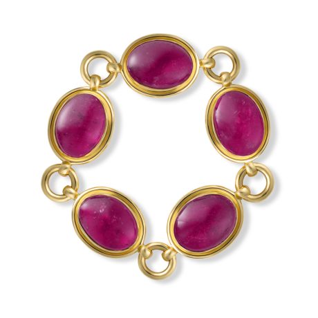 Elizabeth Gage 18ct yellow gold bracelet with five irregular-shaped cabochon rubellites (74.37cts).
