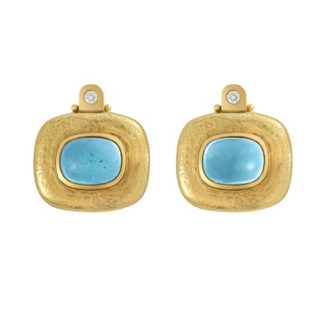 Elizabeth Gage 18ct yellow gold earrings with cushion cabochon aquamarines (13.32cts) in repoussé surrounds and round brilliant-cut diamonds.