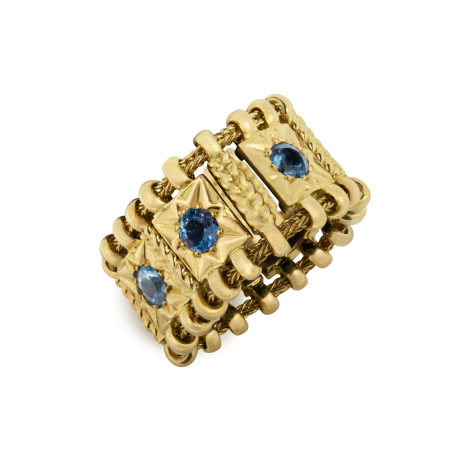 "18ct yellow gold Agincourt band ring with star-set aquamarines and foxtail chain edge"