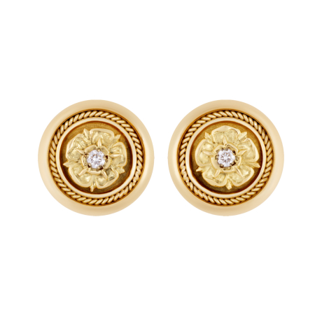 "18ct yellow gold Tudor rose cufflinks with diamond centre and linen-textured background"