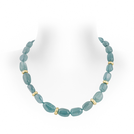 18ct yellow gold necklace with baroque aquamarine beads, gold rondells, and funnel clasp