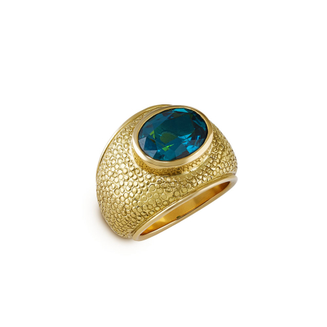 18ct yellow gold bombé ring with 4.40ct oval blue tourmaline and plain wire edges
