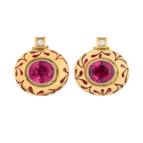18ct yellow gold Persian Queen earrings with oval rubellites, pink enamel seaweed motif, and brilliant-cut diamonds