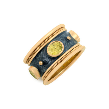 18ct yellow gold Templar band ring with yellow sapphires and violet-grey enamel