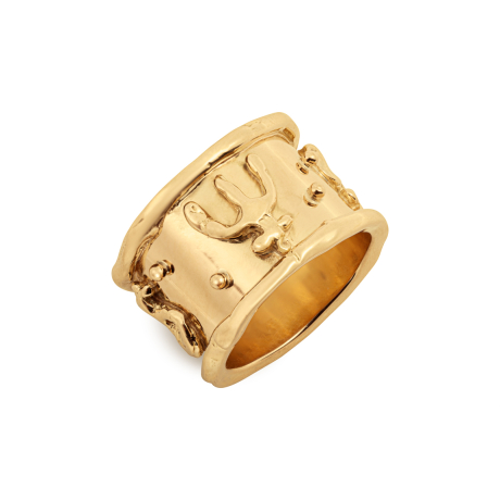 18ct yellow gold Templar band with molten Greek mythology motifs of Artemis, Poseidon, Aphrodite, and Hera