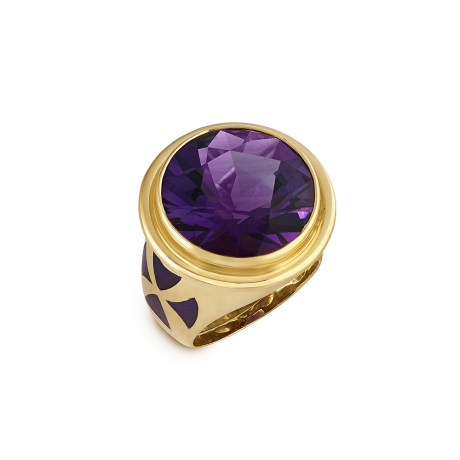 18ct gold wide-set ring with 13.78ct round faceted amethyst and purple enamel engraved sides