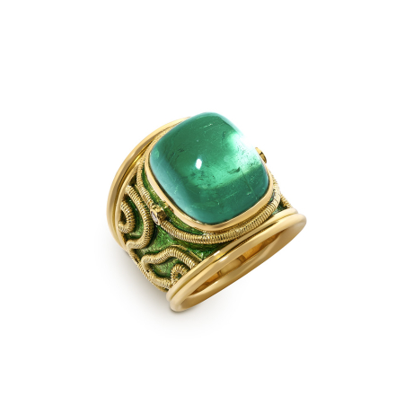18ct yellow gold Templar ring with 21.81ct green tourmaline, enamel background, diamonds, and coral-inspired corde wire