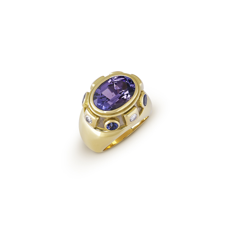 18ct yellow and white gold Charlemagne ring with 7.74ct lavender tanzanite, diamonds, and tanzanite-set gallery on linen-textured white gold