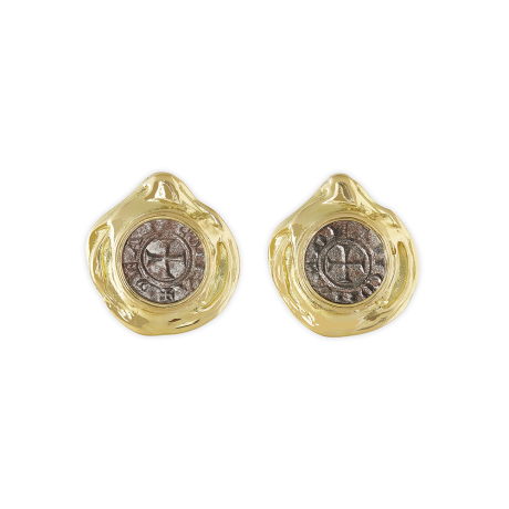 18ct yellow gold earrings with medieval Silver Denaro coins from Ancona (1250–1350 AD) in molten gold surround
