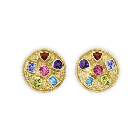 18ct gold earrings with mixed gemstone shapes including amethyst, citrine, peridot, tanzanite, topaz, and pink tourmaline, with corde-wire edges