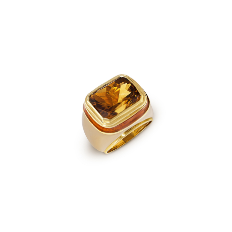 18ct yellow gold Orlov ring with 10.23ct octagon citrine, orange enamel gallery, and white gold shank