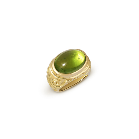 Molten gold ring with 11.56ct oval cabochon peridot and richly carved setting