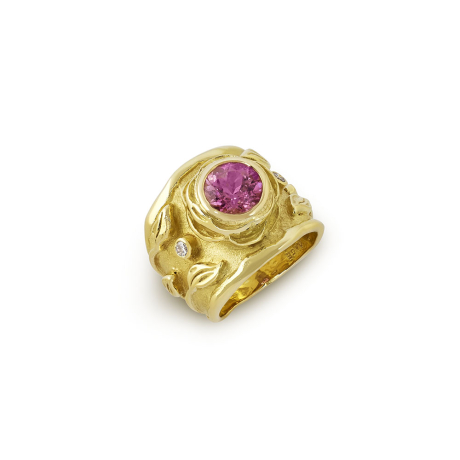 18ct yellow gold rose ring with 1.99ct pink tourmaline centre, carved leaf shoulders, and diamond accents.