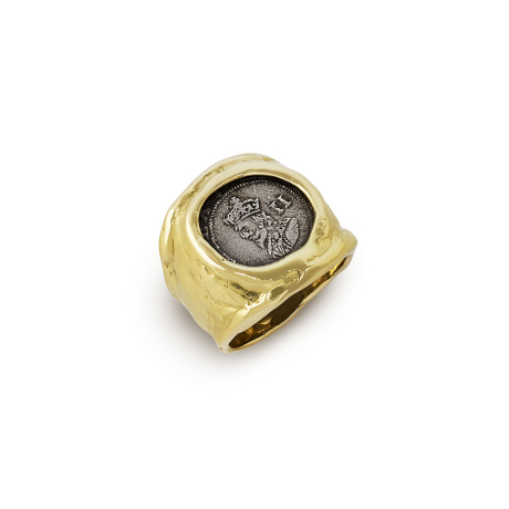 18ct molten gold ring set with Charles I 1649 silver two pence coin with wrap-over gold shank.