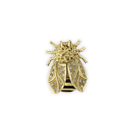18ct yellow gold bee pin with 22 brilliant-cut diamonds and black enamel striped body.
