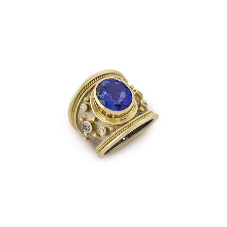 18ct yellow and white gold Templar ring with 5.30ct oval tanzanite, diamond accents, linen-textured detail, and wire-twist-wire edge.
