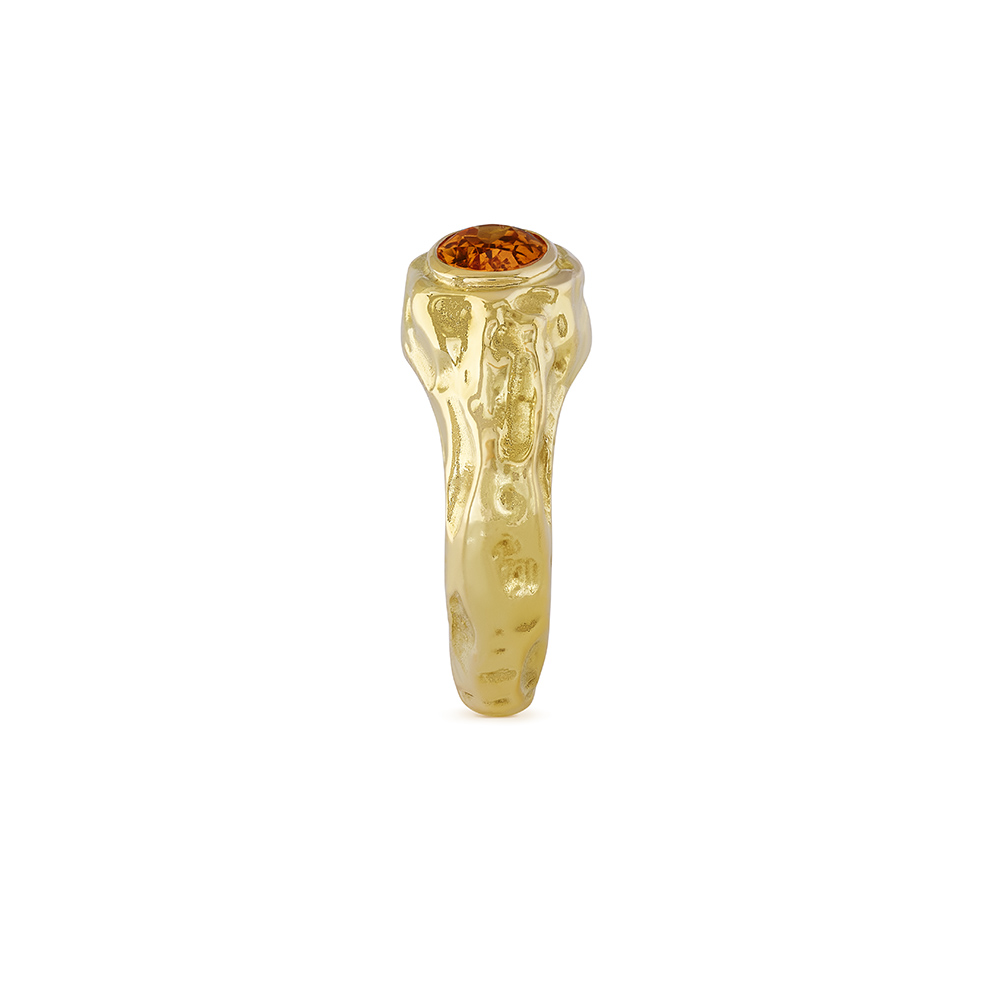 18ct yellow molten gold ring with 1.34ct oval faceted mandarin garnet in sculptural gold setting.