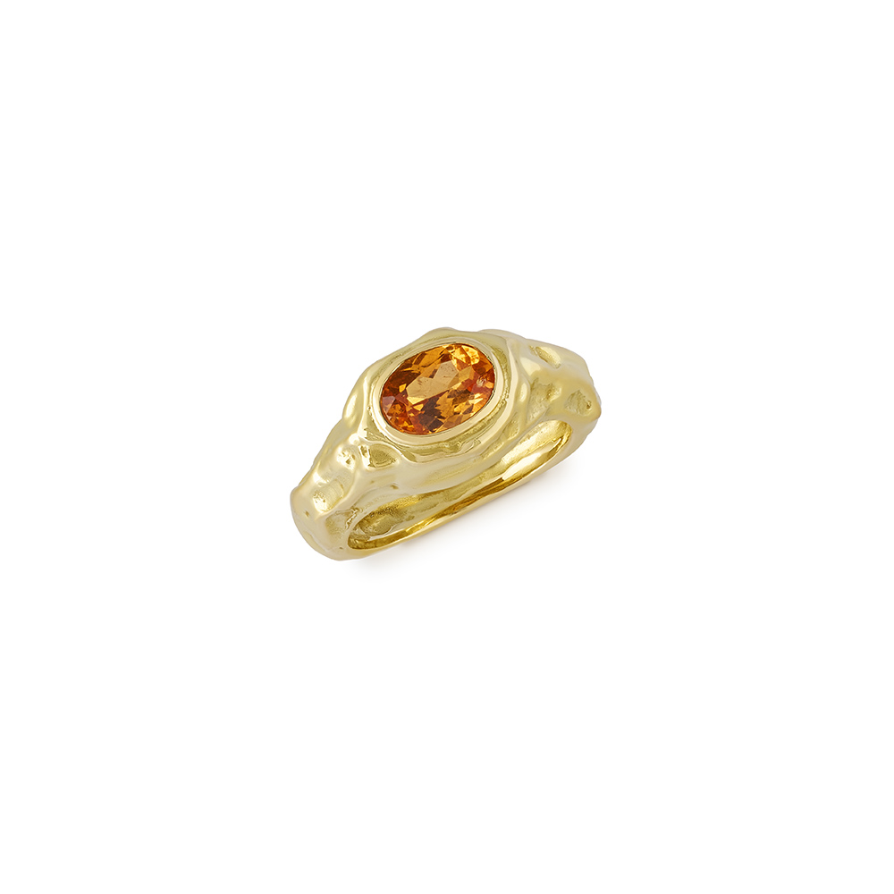 18ct yellow molten gold ring with 1.34ct oval faceted mandarin garnet in sculptural gold setting.