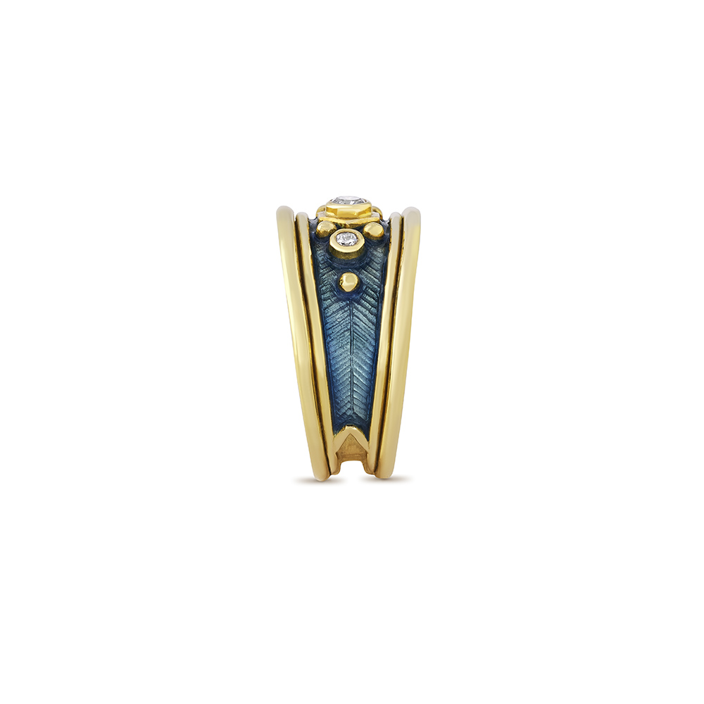 18ct yellow gold Templar ring with centre diamond, blue enamel band, gold bead detail, and double wire edges.