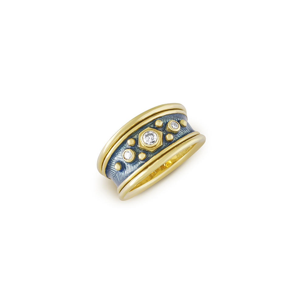 18ct yellow gold Templar ring with centre diamond, blue enamel band, gold bead detail, and double wire edges.