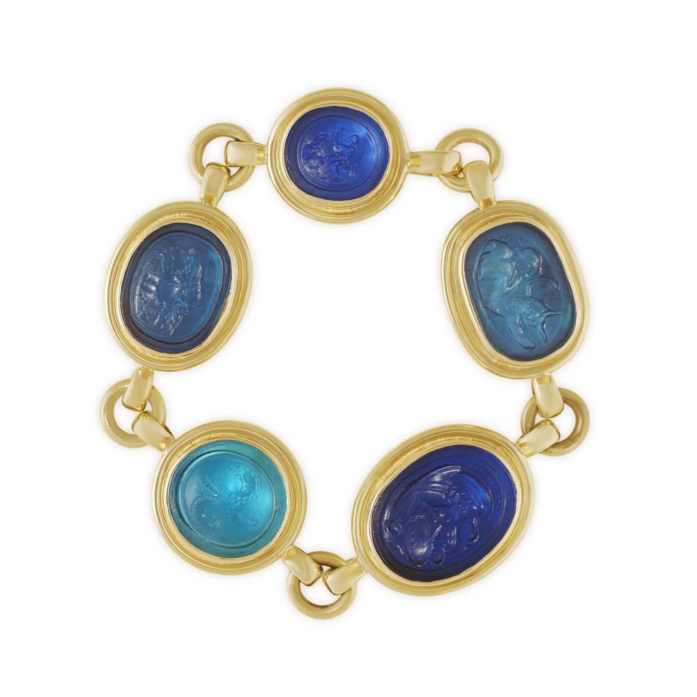18ct yellow gold bracelet set with five 19th Century blue glass James Tassie intaglios in polished gold surrounds.