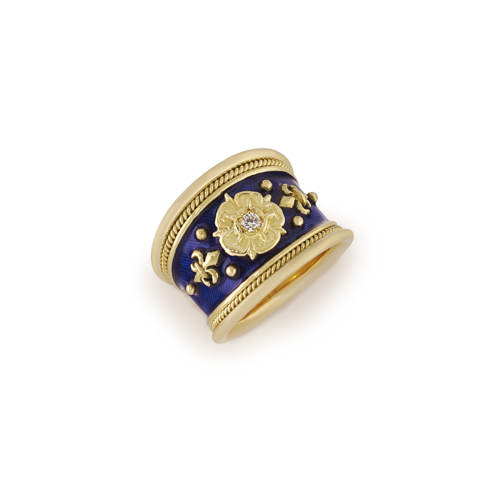 18ct yellow gold tapered Templar ring with Tudor Rose motif, round brilliant-cut diamond, blue enamel, fleur-de-lys details and signature wire-twist-wire edging.