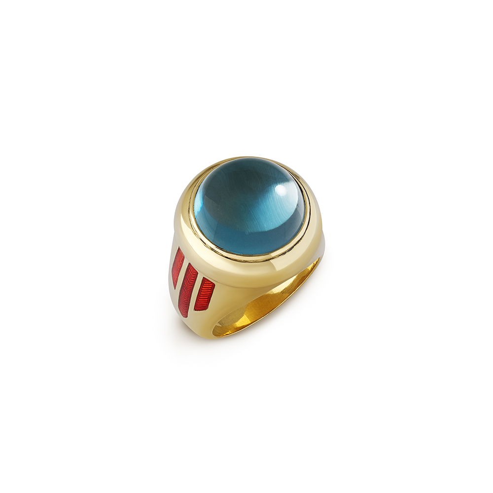 18ct yellow gold ring with Swiss-blue topaz, hand-engraved sides, and three orange enamel stripes.