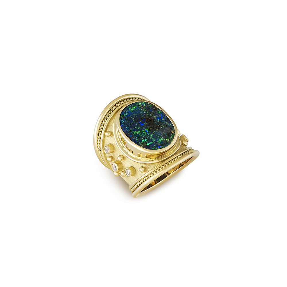 18ct yellow gold Templar ring with 11.95ct oval cabochon boulder opal, diamond accents, gold bead detail, and wire-twist-wire edge.